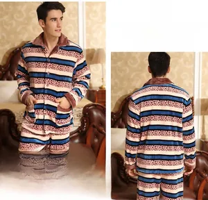 Detailed view of men's navy and brown striped coral fleece pajama set with pockets