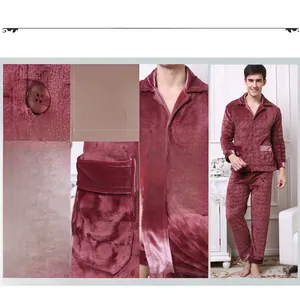Detail of burgundy flannel men pajama set showing the collar, pocket and grid texture