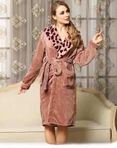 Detail of soft bean paste pink flannel robe with leopard print collar and waist tie belt