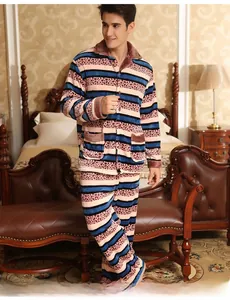 Close-up of thick flannel pajamas set for men with navy leopard stripe pattern