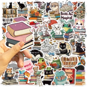 Close-up of hand holding a stack of books sticker from the 50-piece animal reading set