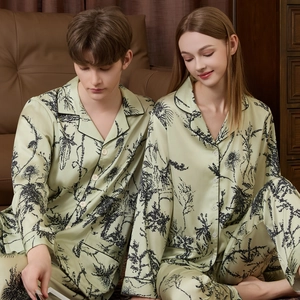 Couple Long Sleeved Satin Pajamas Printed Floral Striped Top And Bottom Sleepwear For Men Women
