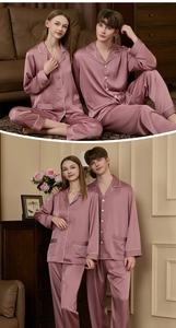 Detail of elegant dusty pink silk satin pajamas set with white contrast piping details
