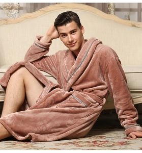 Detail of soft coral fleece men's bathrobe with geometric trim and shawl collar