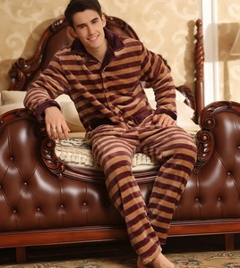 Detail of men's thick flannel pajamas with coffee-colored stripes and button-down collar