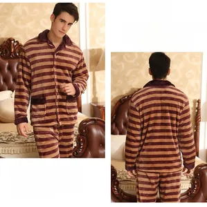 Front and back view of men striped coffee flannel pajamas set with a classic collar