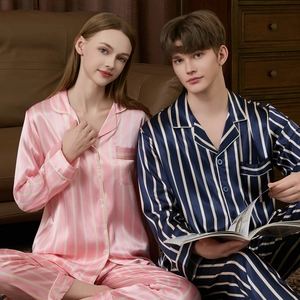 Classic striped silk pajama set for couples featuring long sleeve button-up lapels