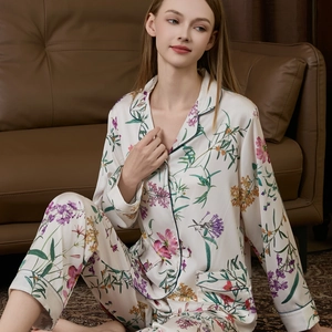 Women's Satin Pajamas Top And Pants Floral Striped Print Polyester Spandex Breathable Loungewear Home Sleepwear For Relaxing Night