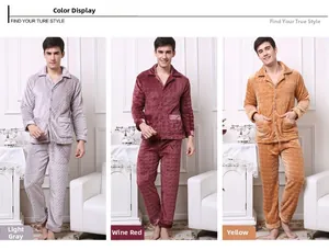 Detailed texture of men's thick flannel pajamas set in grey, red and yellow colors