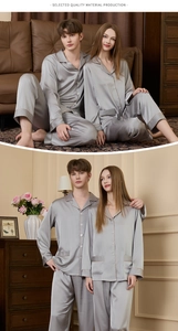 Close-up of silk pajama set with classic lapels and high-quality satin texture for couples
