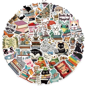 Collage of waterproof cartoon animal stickers featuring cute cats and dogs reading books