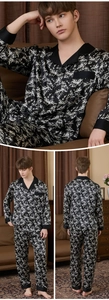 Detailed views of men silk pajama set with white bamboo leaf print on black satin fabric