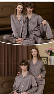 Detail of silk-like long sleeve pajama set with contrast piping and button-up front