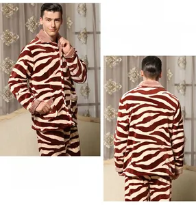 Front and back view of men's flannel pajama set in zebra brown with lapel and pockets
