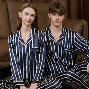 Classic dark blue striped silk pajamas set with long sleeves and notched collar for couples