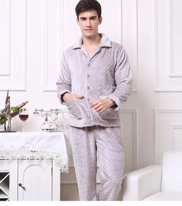 Detail of grey quilted flannel pajama set with diamond pattern and button-up lapel collar