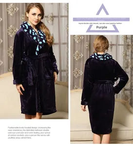 Detail of purple flannel bathrobe featuring leopard print collar and plush fabric texture