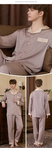 Detailed views of men silk pajamas set featuring grid texture and contrast piping trim