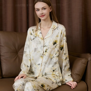 Women silk satin long sleeve pajamas set with floral print and orange piping trim