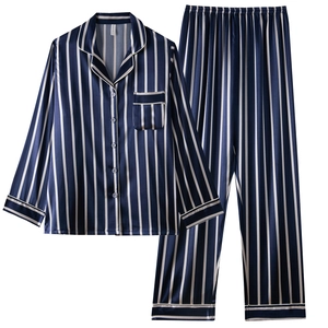 Classic navy blue striped silk-satin long-sleeve pajama set with white piping and chest pocket