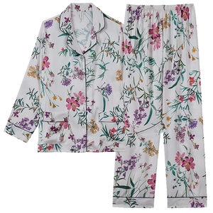 Women's white silk satin pajama set with floral print and long sleeves pants