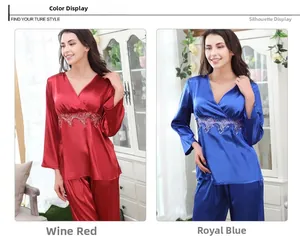 Detail view of luxurious V-neck satin pajamas with elegant lace patchwork in red and blue