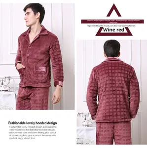 Detail of wine red flannel pajama set for men featuring embossed plaid texture and velvet trim