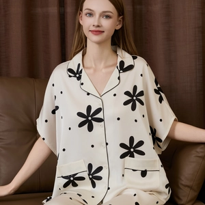 Women's silk-like pajama set featuring black floral prints and batwing sleeves