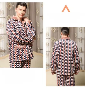 Detail of men's flannel pajama set with brown and black plaid pattern and plush collar