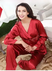 Detail of burgundy satin pajamas featuring elegant V-neckline and floral lace embroidery