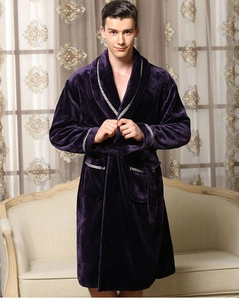 Detailed view of luxury dark purple flannel bathrobe with geometric pattern piping