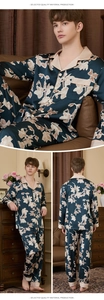 Detailed views of men silk-like pajamas with deep green base and brown floral pattern