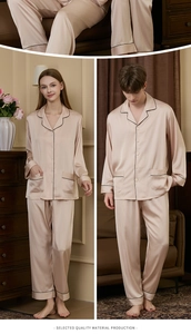 Detailed view of champagne silk couple pajamas with luxury satin finish and piping