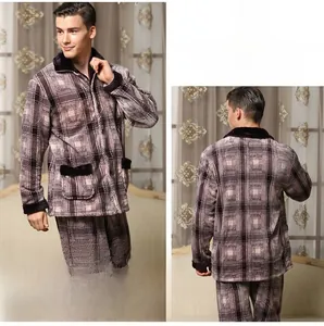 Detail view of men's checkered beige flannel pajama set with soft coral fleece texture