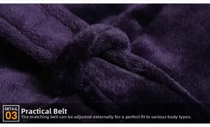 Close-up of adjustable purple flannel bathrobe belt with soft plush texture detail