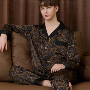 Men Satin Sleepwear Top And Pants Luxury Silky Loungewear Long Sleeve Pajamas With Lapel Chest Pocket Contrast Piping