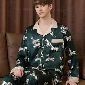 Men's silk satin pajama set in dark green with zebra print and beige lapel collar