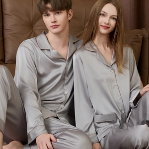 Classic silver silk pajama set for couples featuring long sleeves and lapel collar