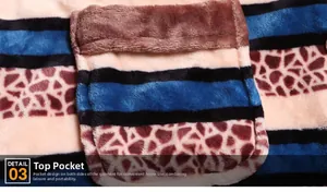 Detail of the soft flannel pajamas featuring deep pockets and a brown giraffe pattern