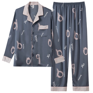 Men's silk satin pajama set in dark grey blue with long sleeves and pink trim accents