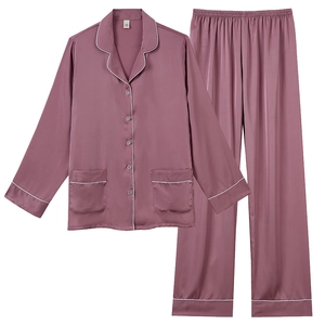 Classic silk satin pajama set for women in dusty pink with white piping details