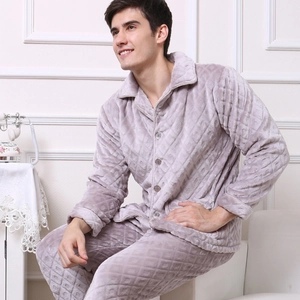 Luxurious Men Flannel Pajama Set Thick Warm Winter Loungewear Top And Bottom Solid Color Plaid Texture Sleepwear For Men
