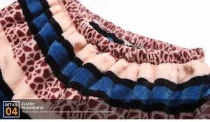 Detail view of elastic waistband on thick flannel men's pajama pants with leopard print