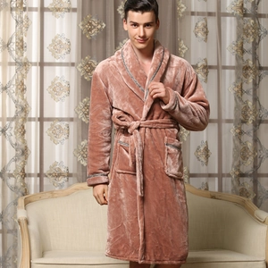 Thick flannel bathrobe for men in dusty rose with geometric trim and belt
