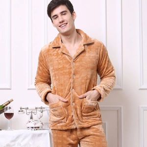 Camel plaid flannel men's pajama set with thick fleece lining and lapel cardigan design