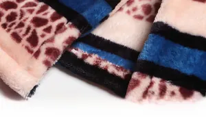 Close-up of the smooth hem on a men's fleece pajama top with striped and animal prints