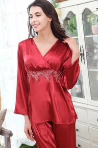 Elegant red silk satin pajama set for women with V-neck long sleeves and lace details