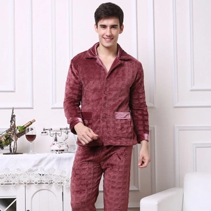 Men's flannel pajama set with embossed grid texture and notch collar in dusty rose color