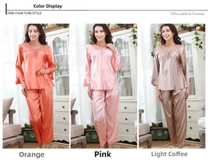 Pigiama in raso di seta per donna con pizzo e scollo a V in diversi colori vivaci