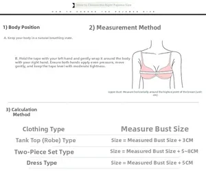 Size guide for printed pajamas with detailed measuring steps and breast size chart